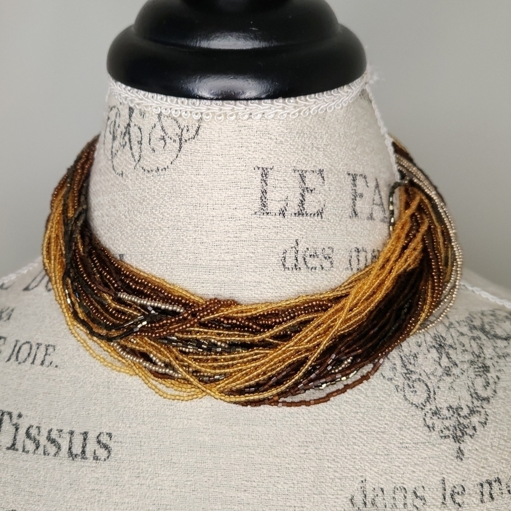 Vintage 70s Multi Strand Amber Seedbead Necklace